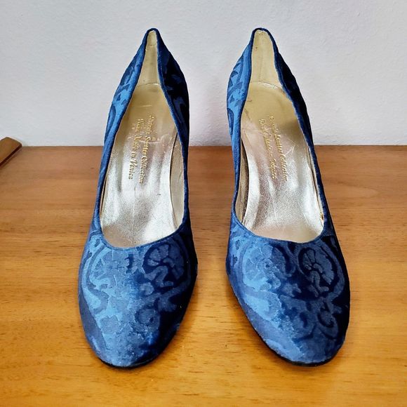 Antonia Sautter Collection Blue Velvet Damask Print Heels Shoes Handmade SZ 37 - Picture 3 of 12